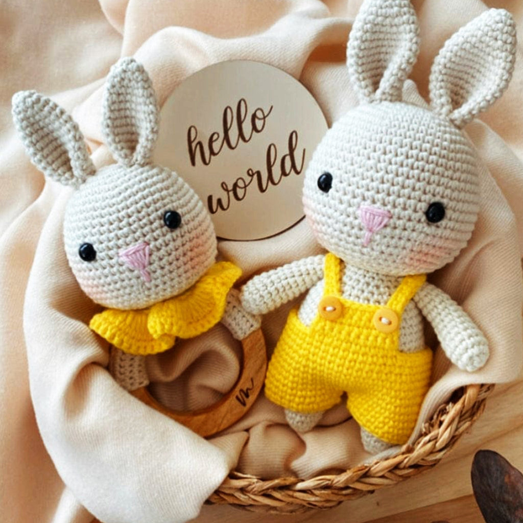 minihobievi Hediye Koyu Krem-Sarı Amigurumi Tulumlu Tavşan Set